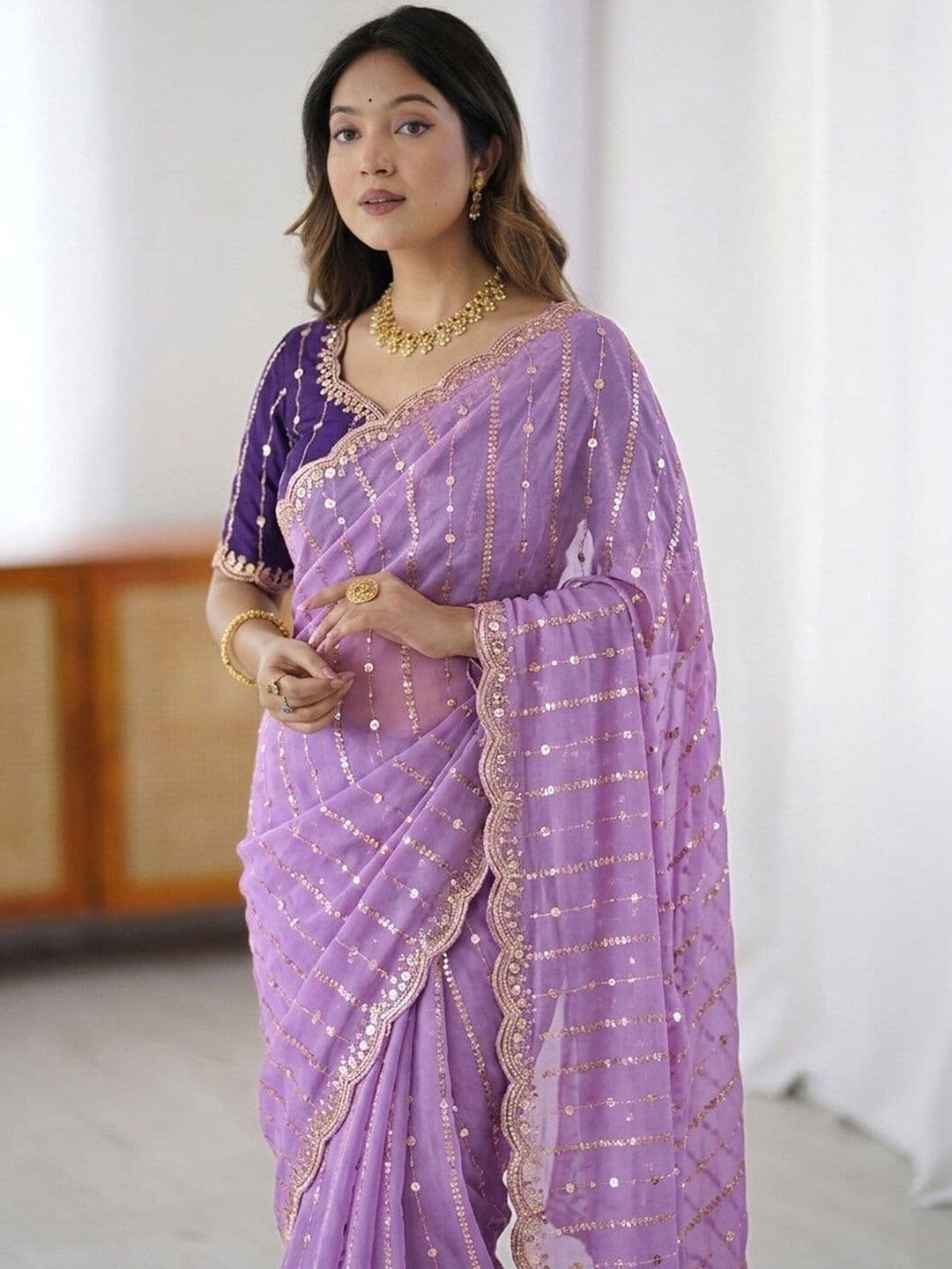 Satrani Embellished Sequinned Saree With Designer Blouse thumbnail 6