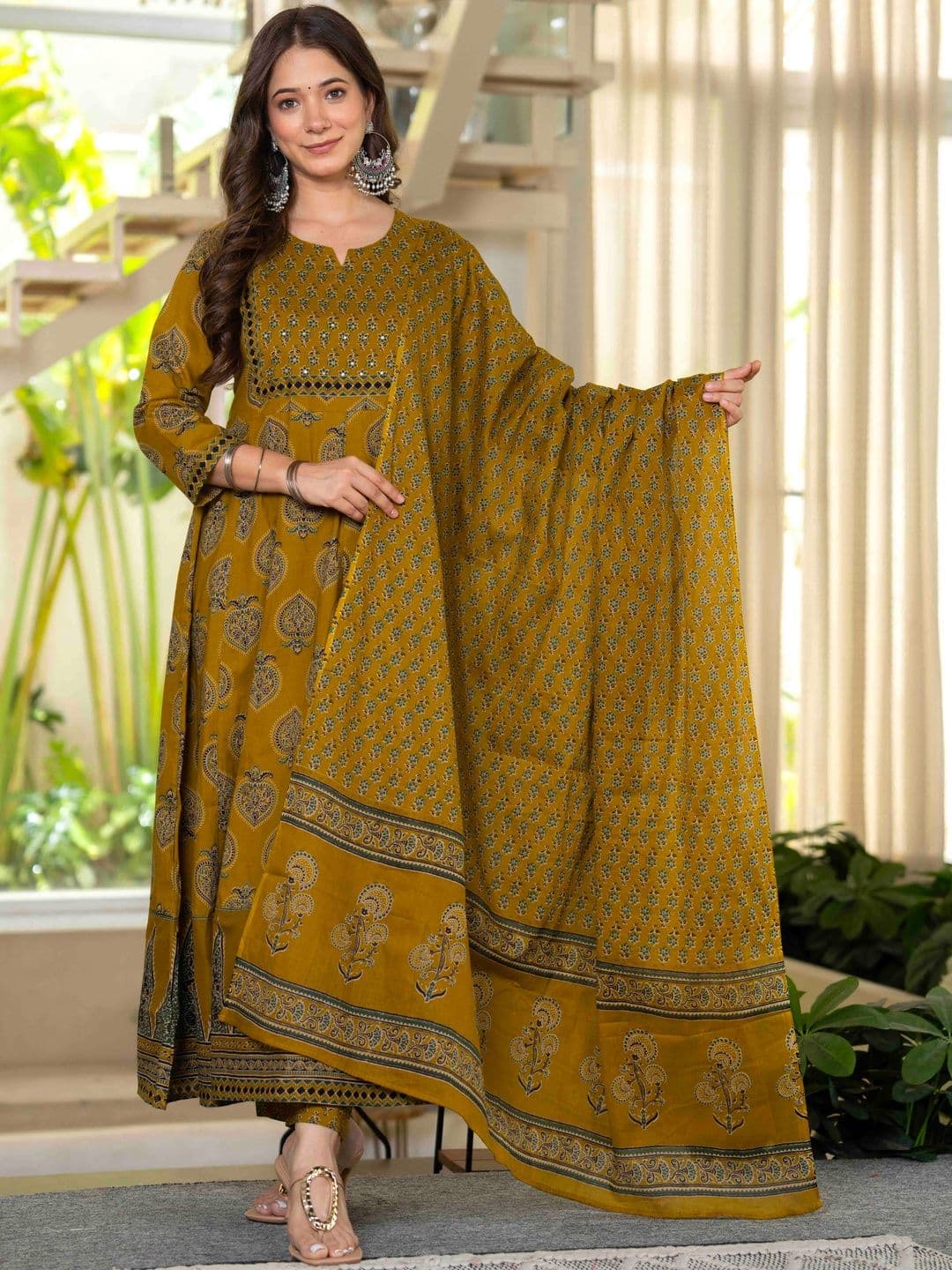 KALINI Women Ethnic Motifs Printed Empire Mirror Work Pure Cotton Kurta with Trousers & With Dupatta thumbnail 6