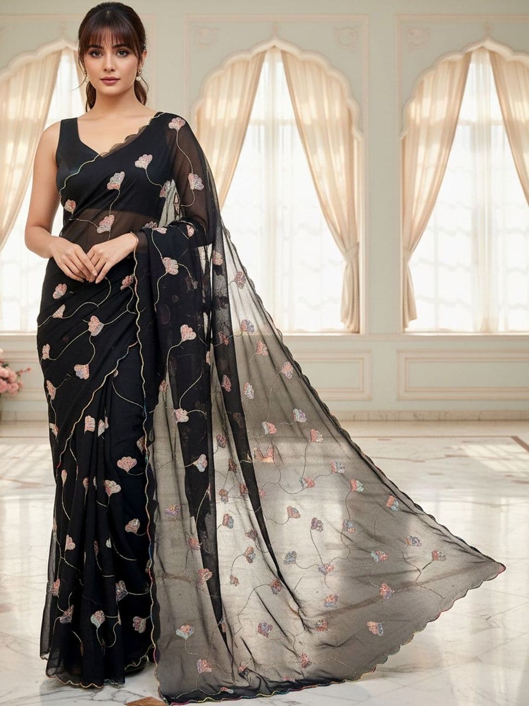 FABLAND Black Georgette Saree with Floral Sequence & Beads Embroidery Scalloped Border thumbnail 7