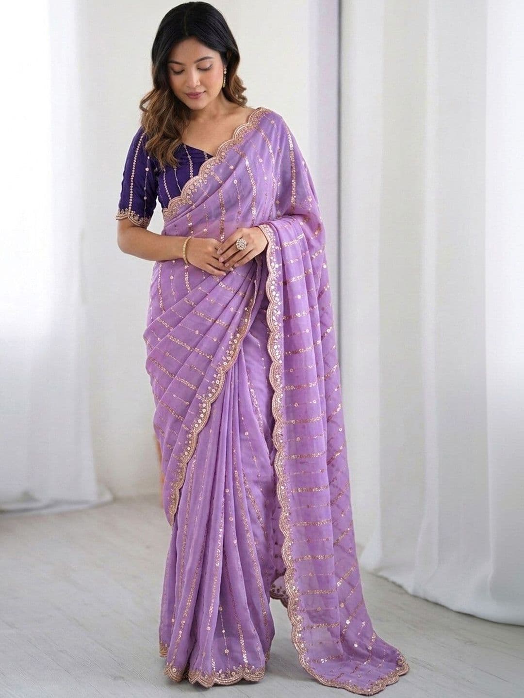 Satrani Embellished Sequinned Saree With Designer Blouse thumbnail 4