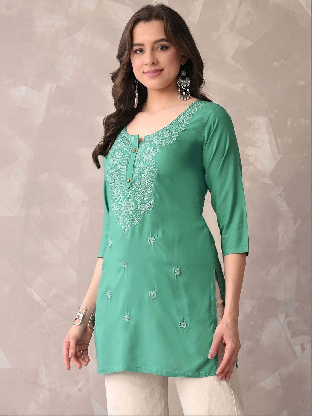 ROSHNI Women Floral Embroidered Round Neck Thread Work Cotton Regular Kurti thumbnail 3