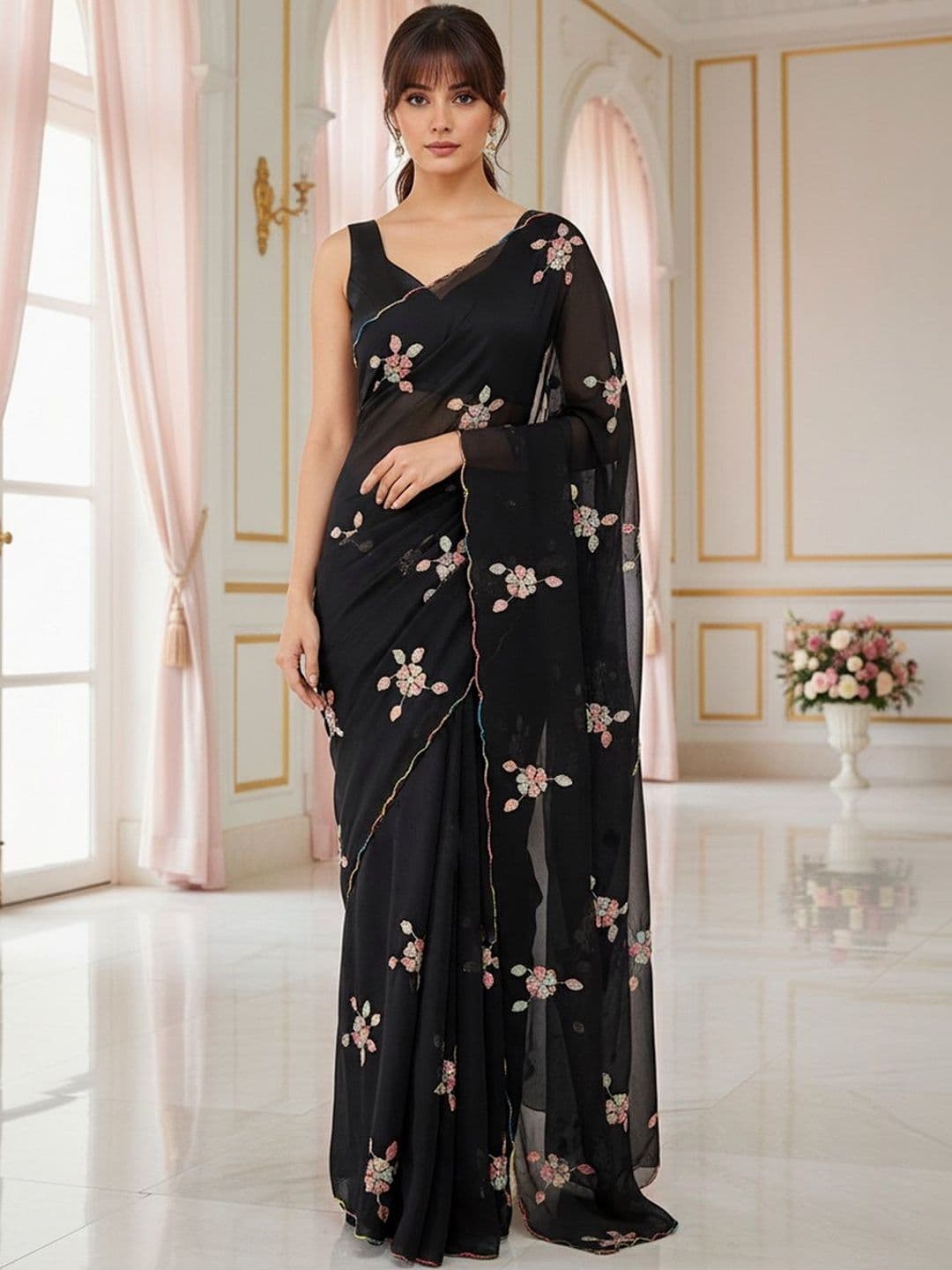 FABLAND Floral Embroidered Poly Georgette Designer Saree thumbnail 2
