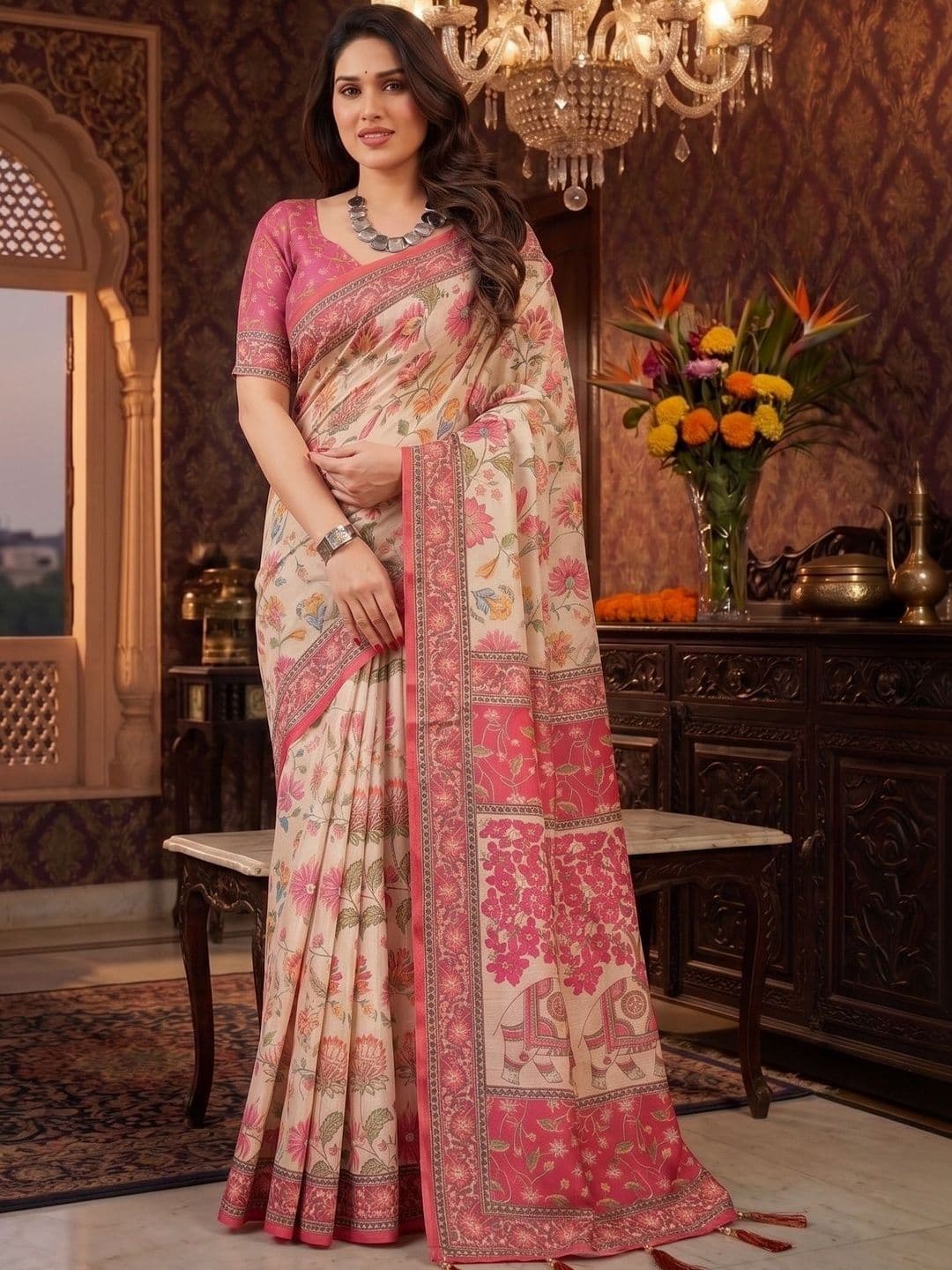 SAADHVI Floral Linen Blend Saree - view 1