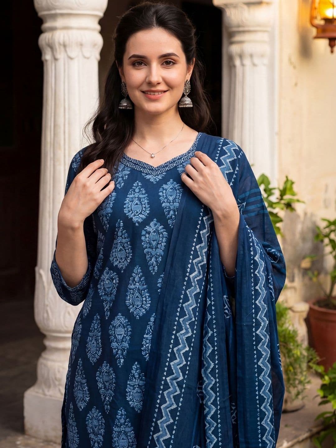 Indo Era Women Ethnic Motifs Printed Regular Pure Cotton Kurta with Trousers & With Dupatta thumbnail 3