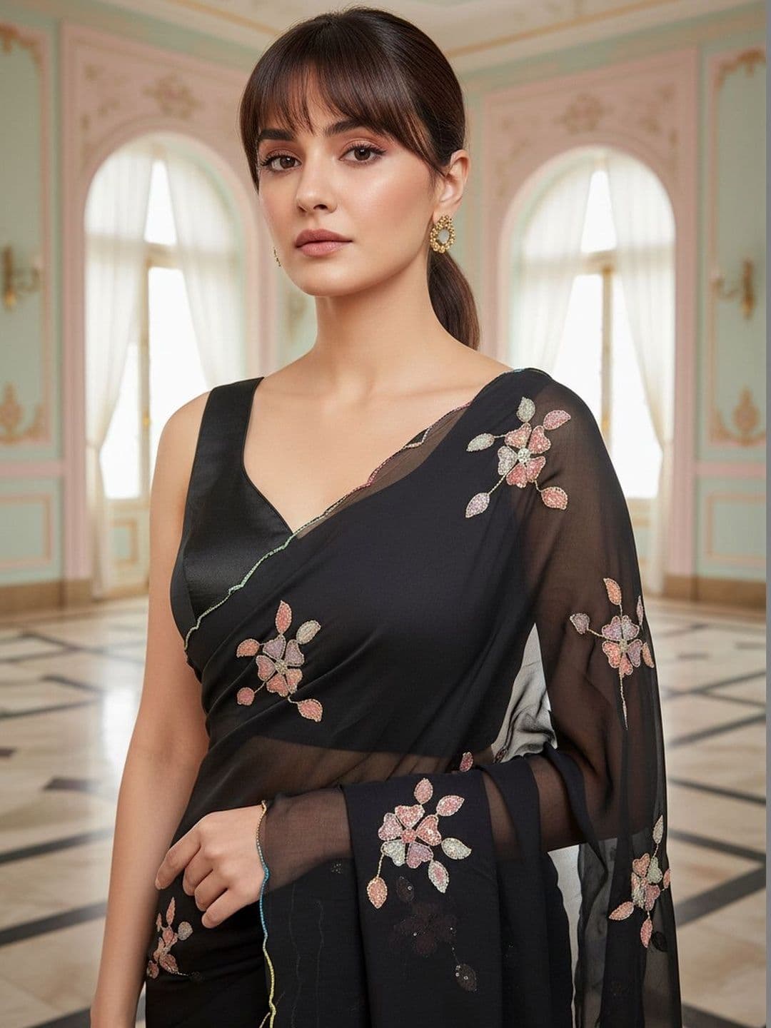 FABLAND Floral Embroidered Poly Georgette Designer Saree thumbnail 5