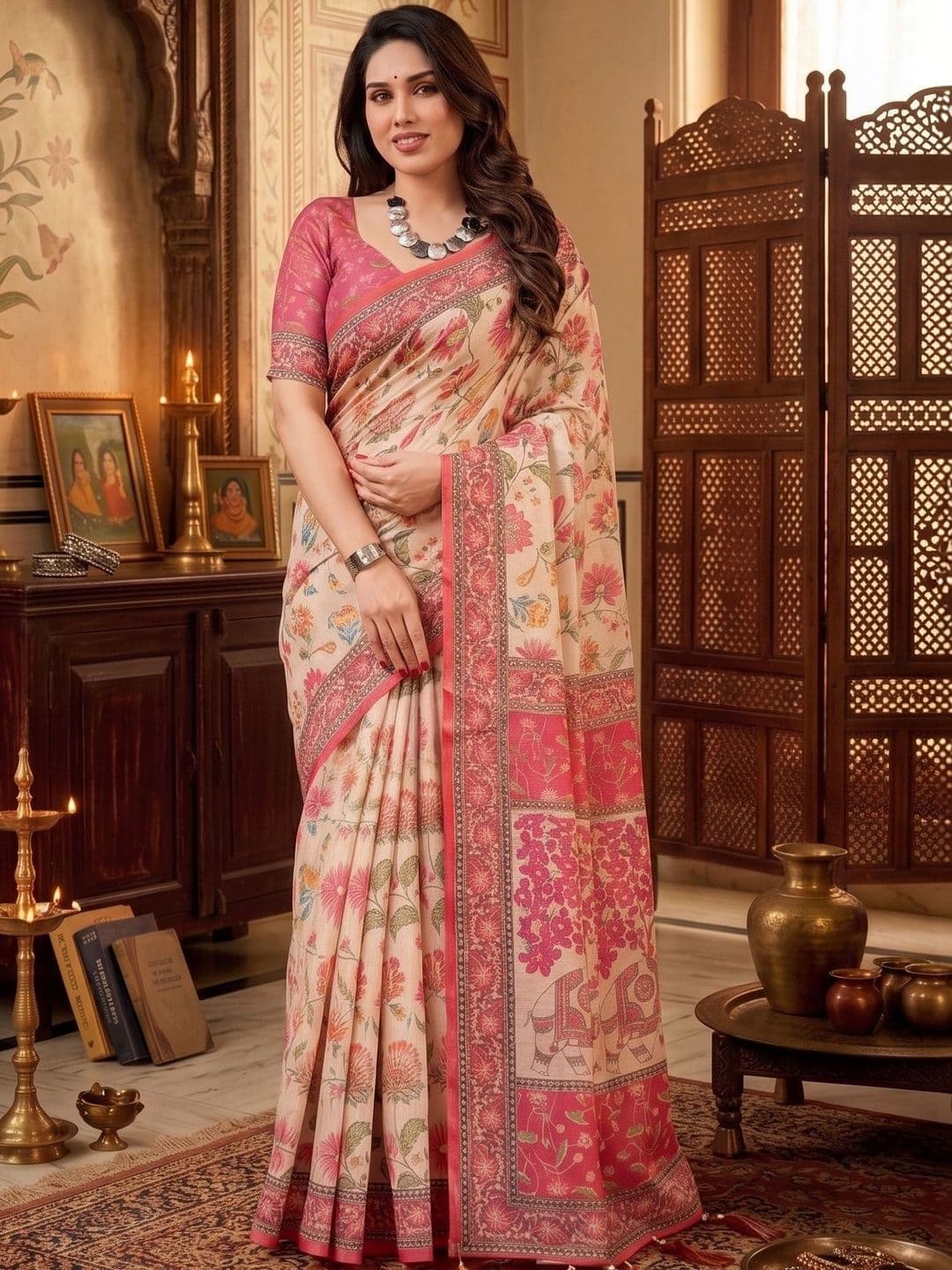 Varutex Floral Linen Blend Saree - view 1
