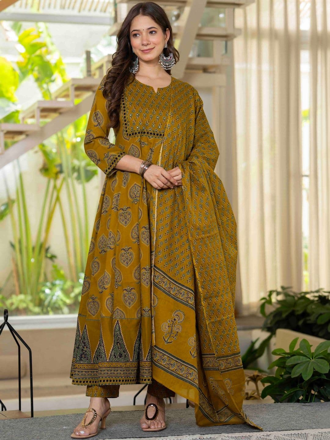 KALINI Women Ethnic Motifs Printed Empire Mirror Work Pure Cotton Kurta with Trousers & With Dupatta thumbnail 7