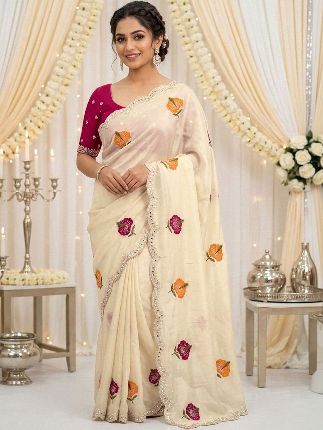 Satrani Floral Embroidered Saree With Blouse Piece thumbnail 6