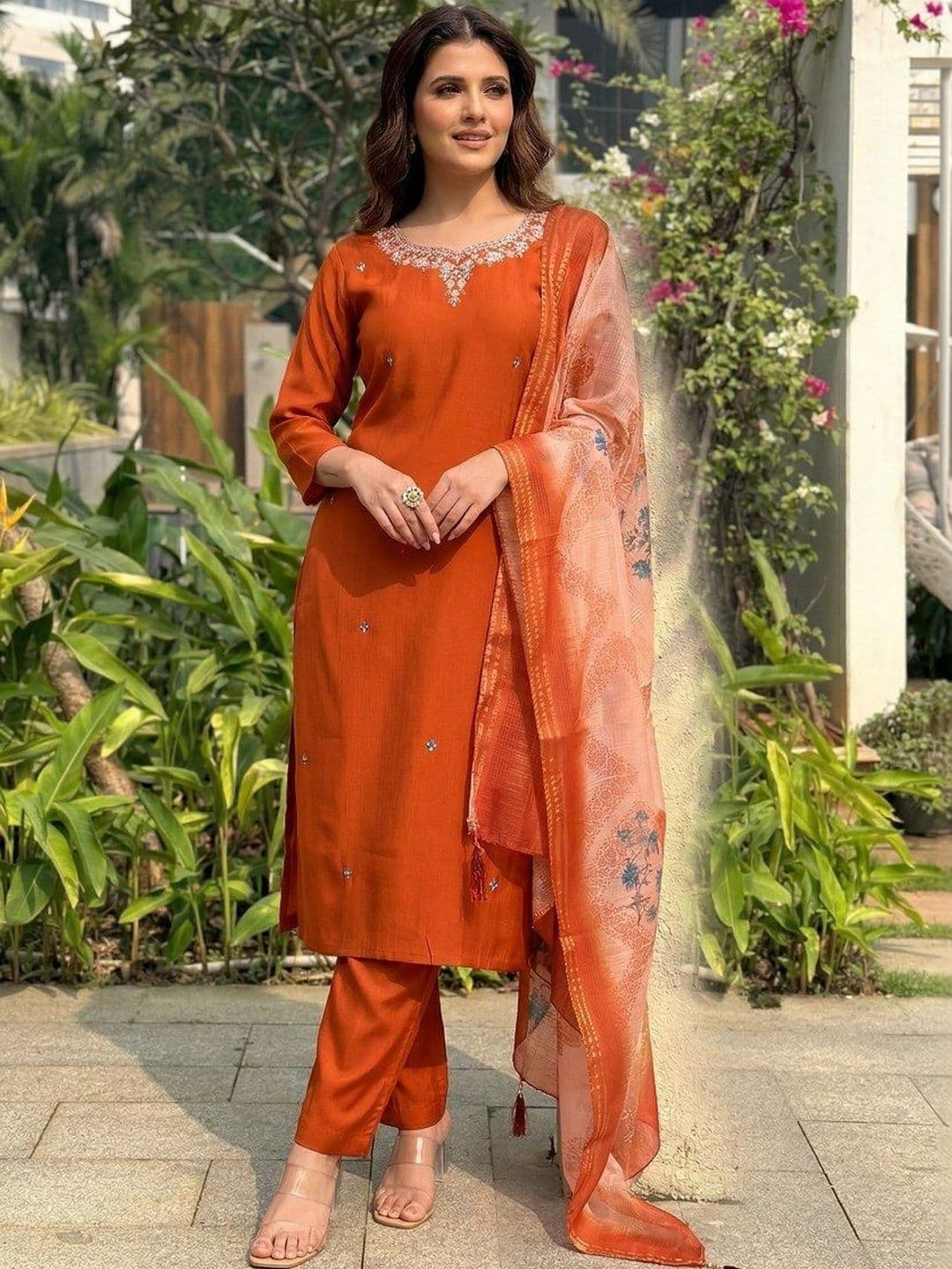 KALINI Women Floral Regular Thread Work Kurta with Trousers & With Dupatta - view 1