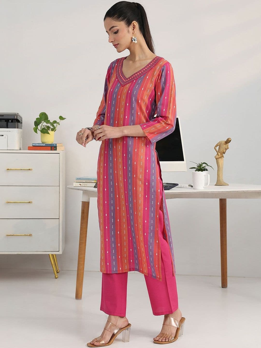 Gerua By Libas Women Striped Regular Thread Work Kurta with Trousers & With Dupatta thumbnail 5