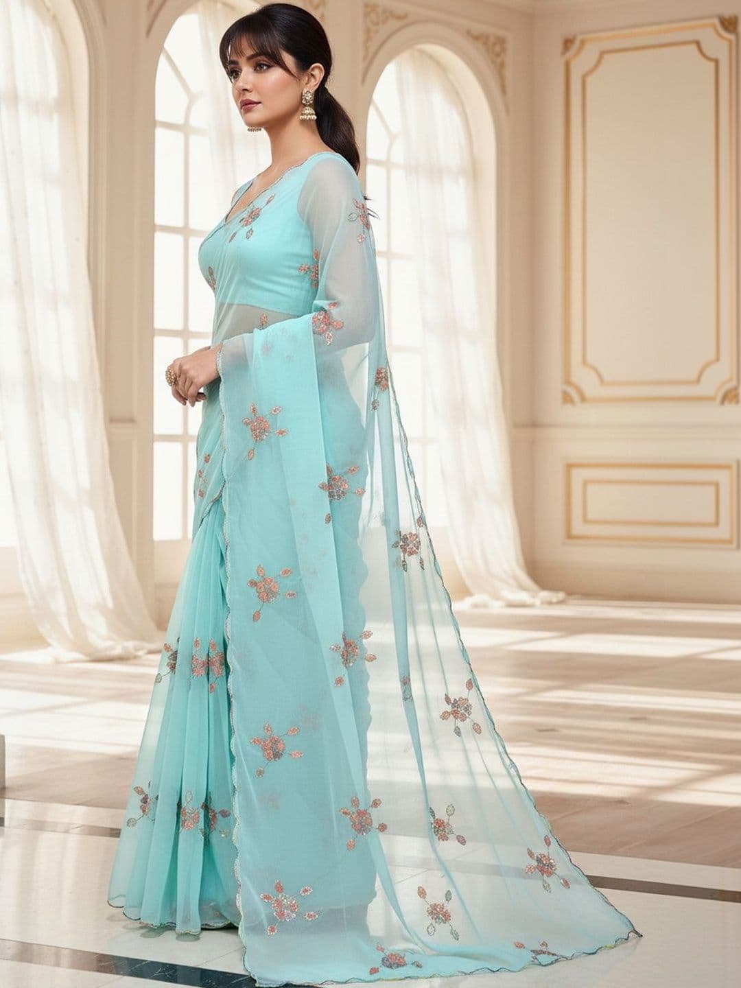 FABLAND Embellished Sequinned Poly Georgette Designer Saree - view 1