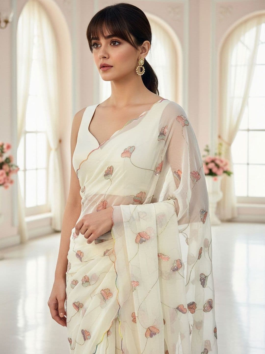 FABLAND Floral Sequinned Poly Georgette Saree thumbnail 6
