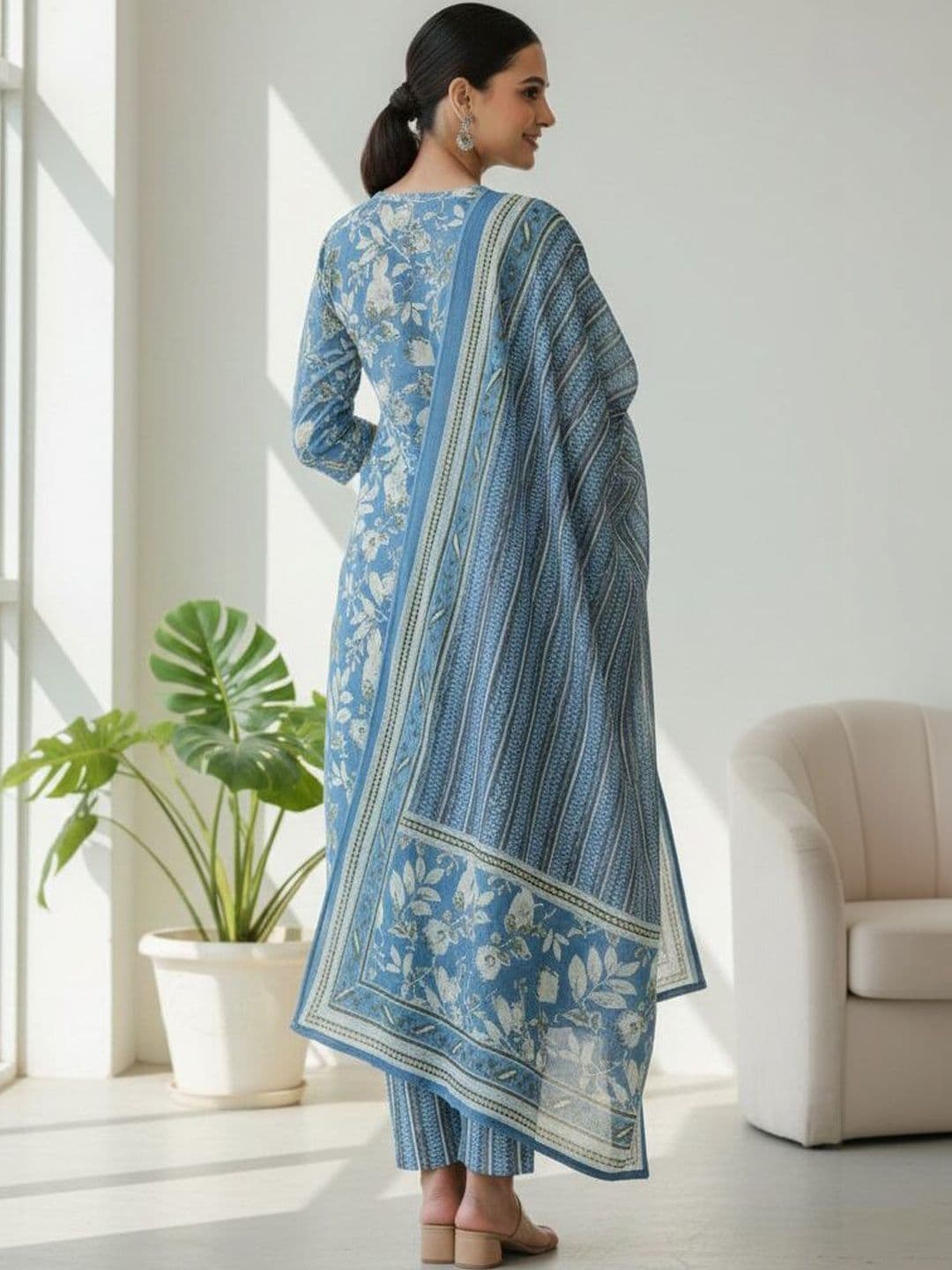 Sangria Printed Pure Cotton Round Neck Kurta & Trousers With Dupatta thumbnail 2