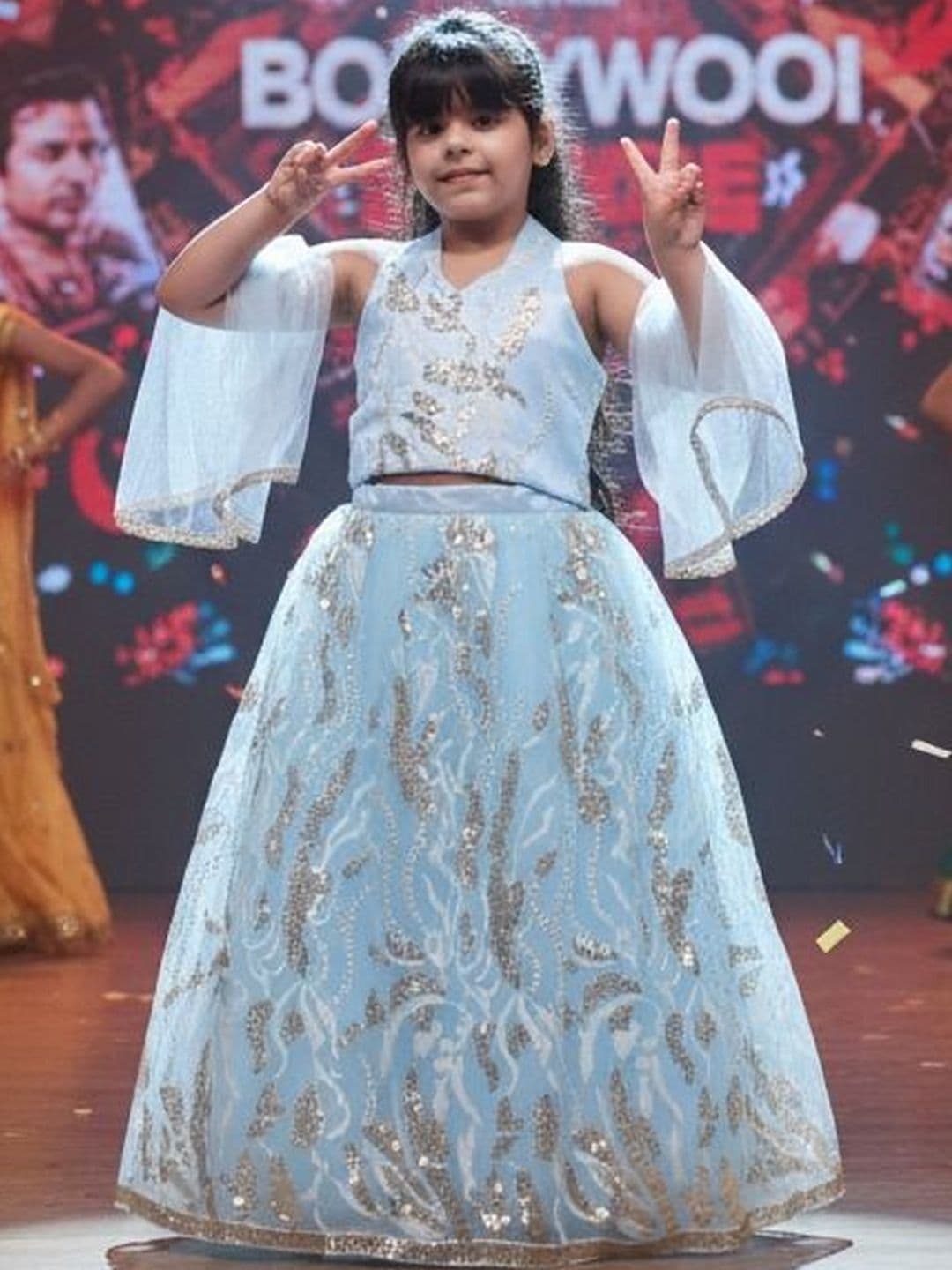 Huggle Boo Girls Blue Gold Embroidered Lehenga Choli thumbnail 7