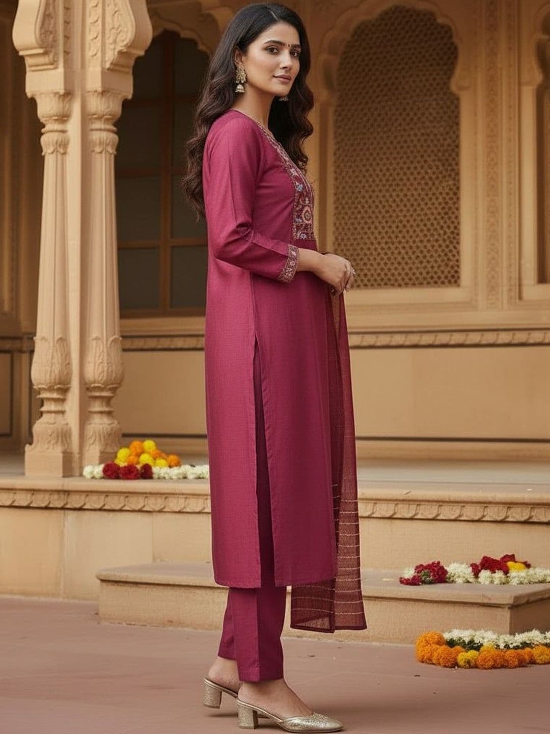 KALINI Women Ethnic Motifs Embroidered Regular Thread Work Kurta with Trousers & With Dupatta thumbnail 4