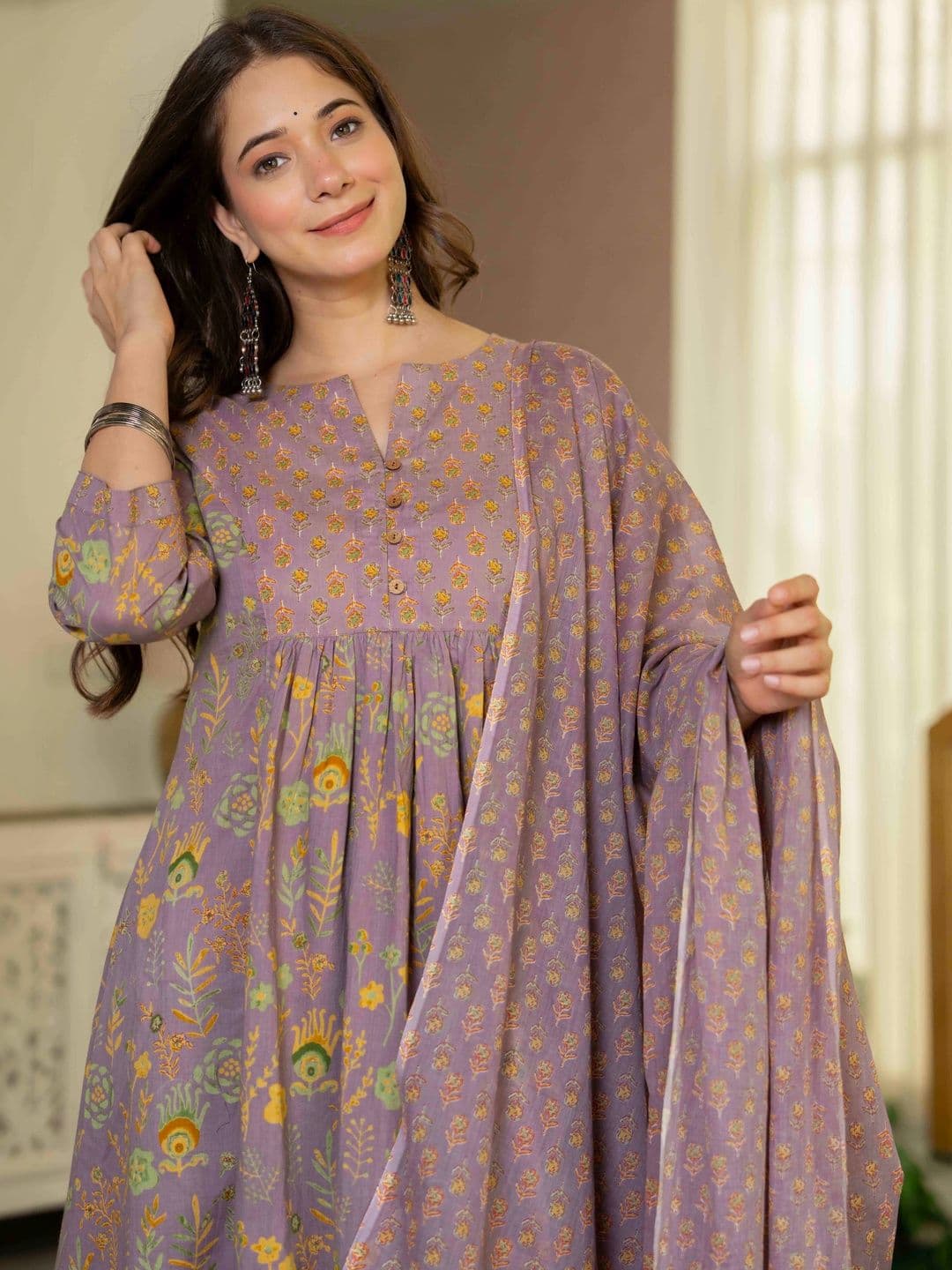 KALINI Women Ethnic Motifs Printed Empire Pure Cotton Kurta with Trousers & With Dupatta thumbnail 7