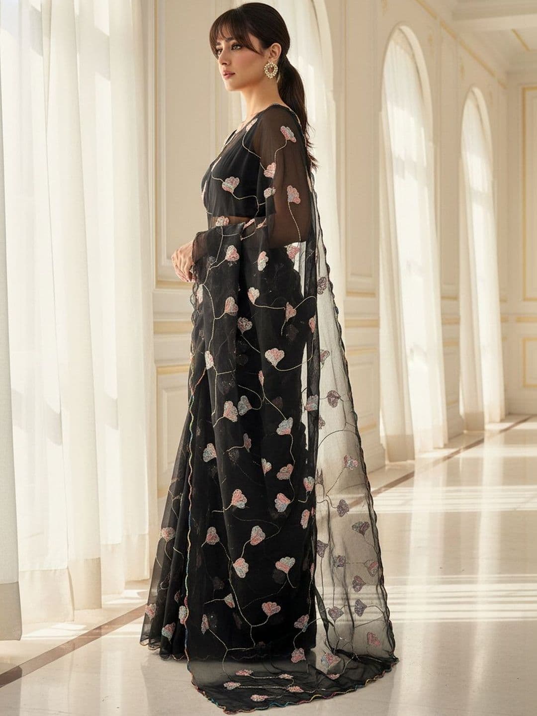 FABLAND Black Georgette Saree with Floral Sequence & Beads Embroidery Scalloped Border thumbnail 2