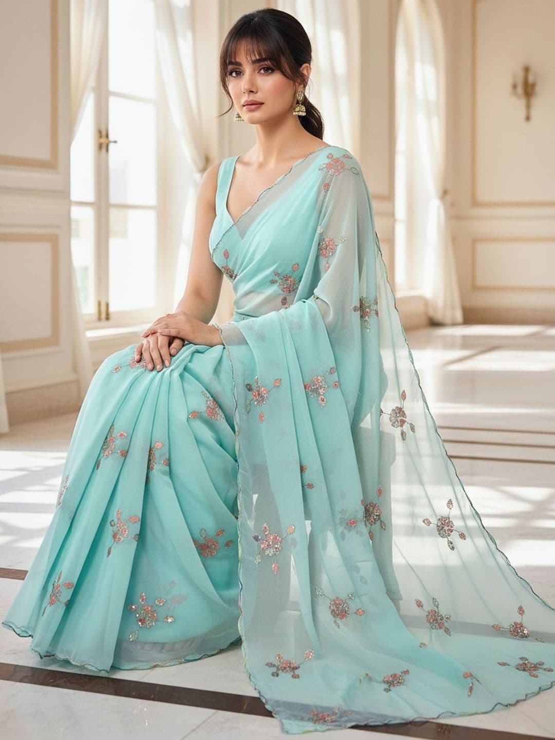 FABLAND Embellished Sequinned Poly Georgette Designer Saree thumbnail 7