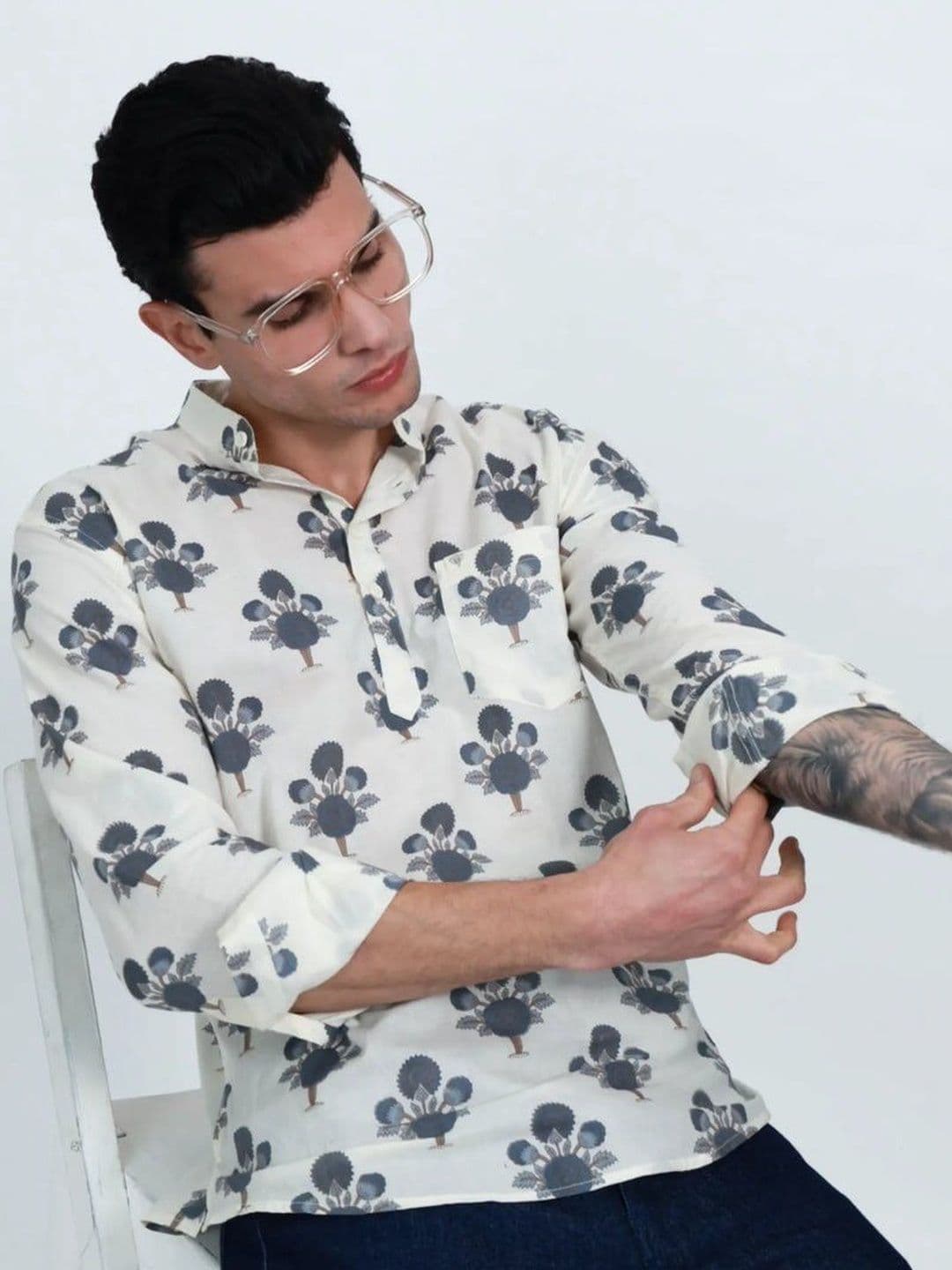 Hues Fab Men Ethnic Motifs Printed Indigo Kurta - view 1