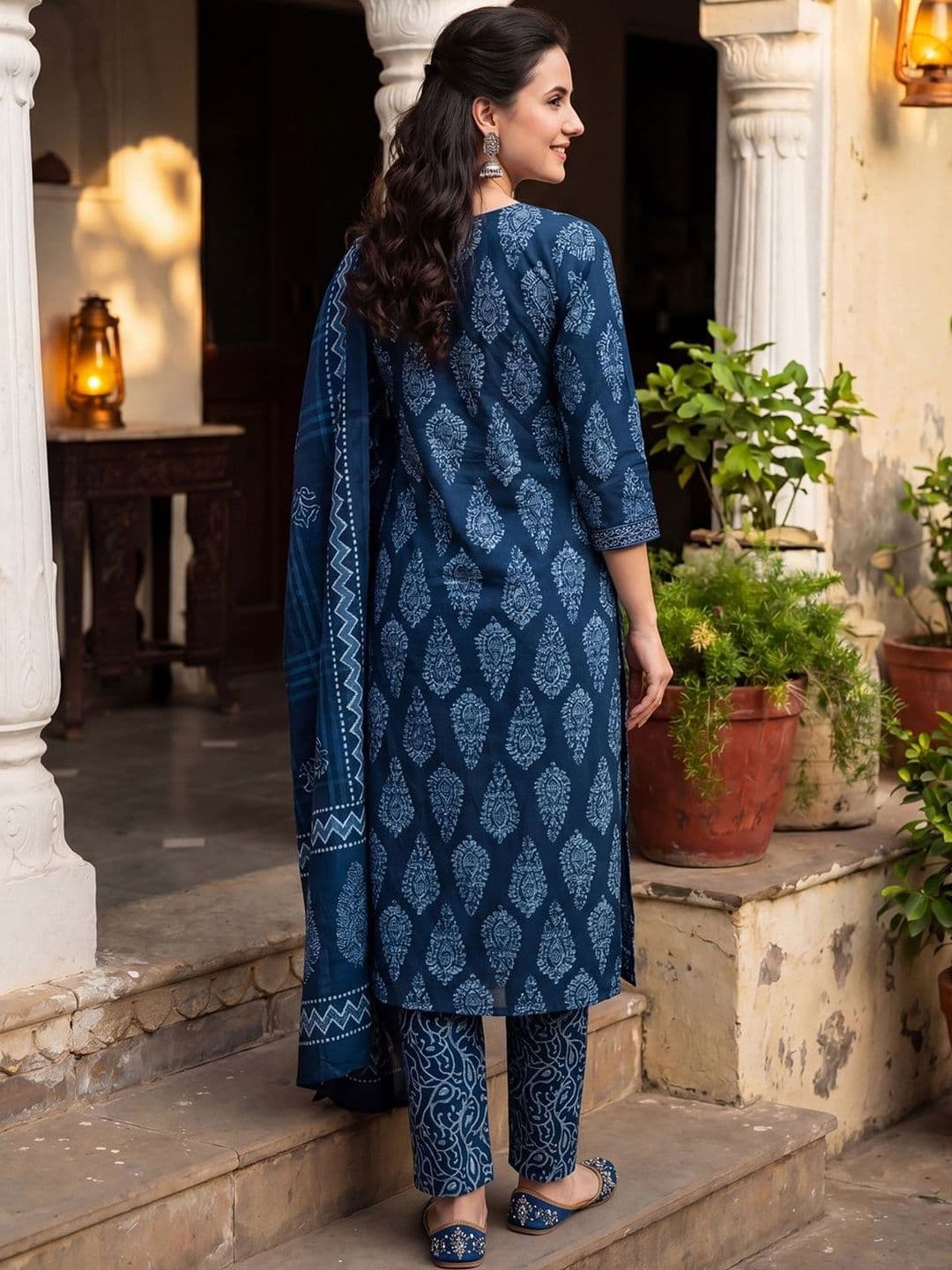 Indo Era Women Ethnic Motifs Printed Regular Pure Cotton Kurta with Trousers & With Dupatta thumbnail 2