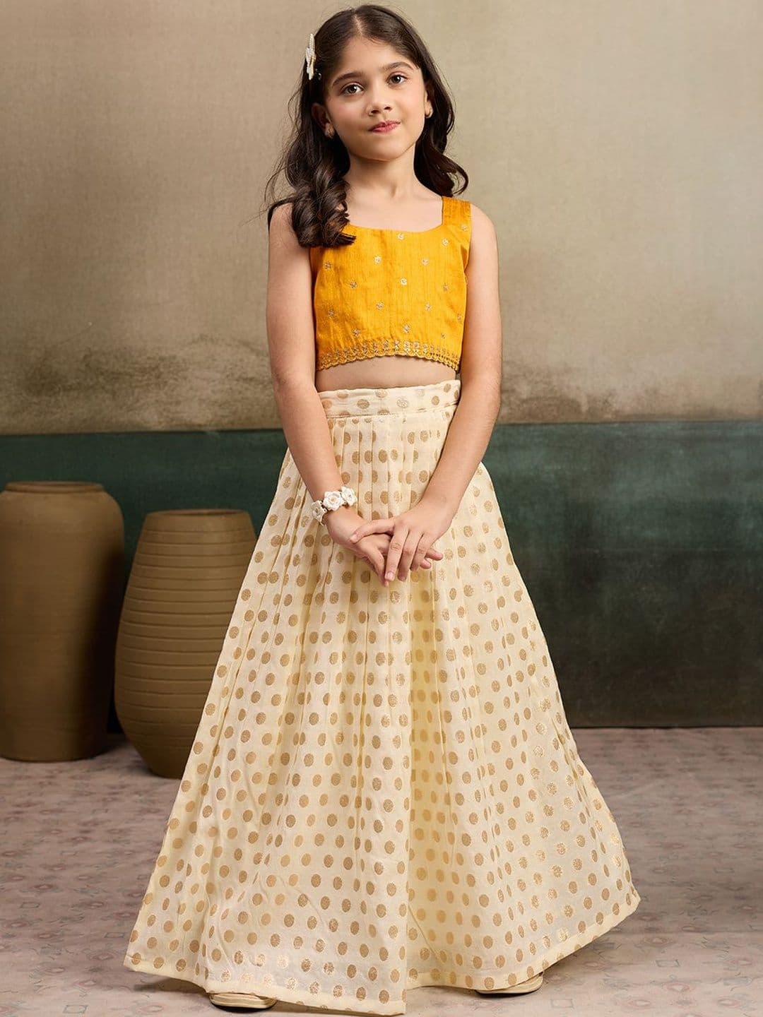 KALINI Girls Embroidered Thread Work Foil Print Ready to Wear Lehenga & - view 1