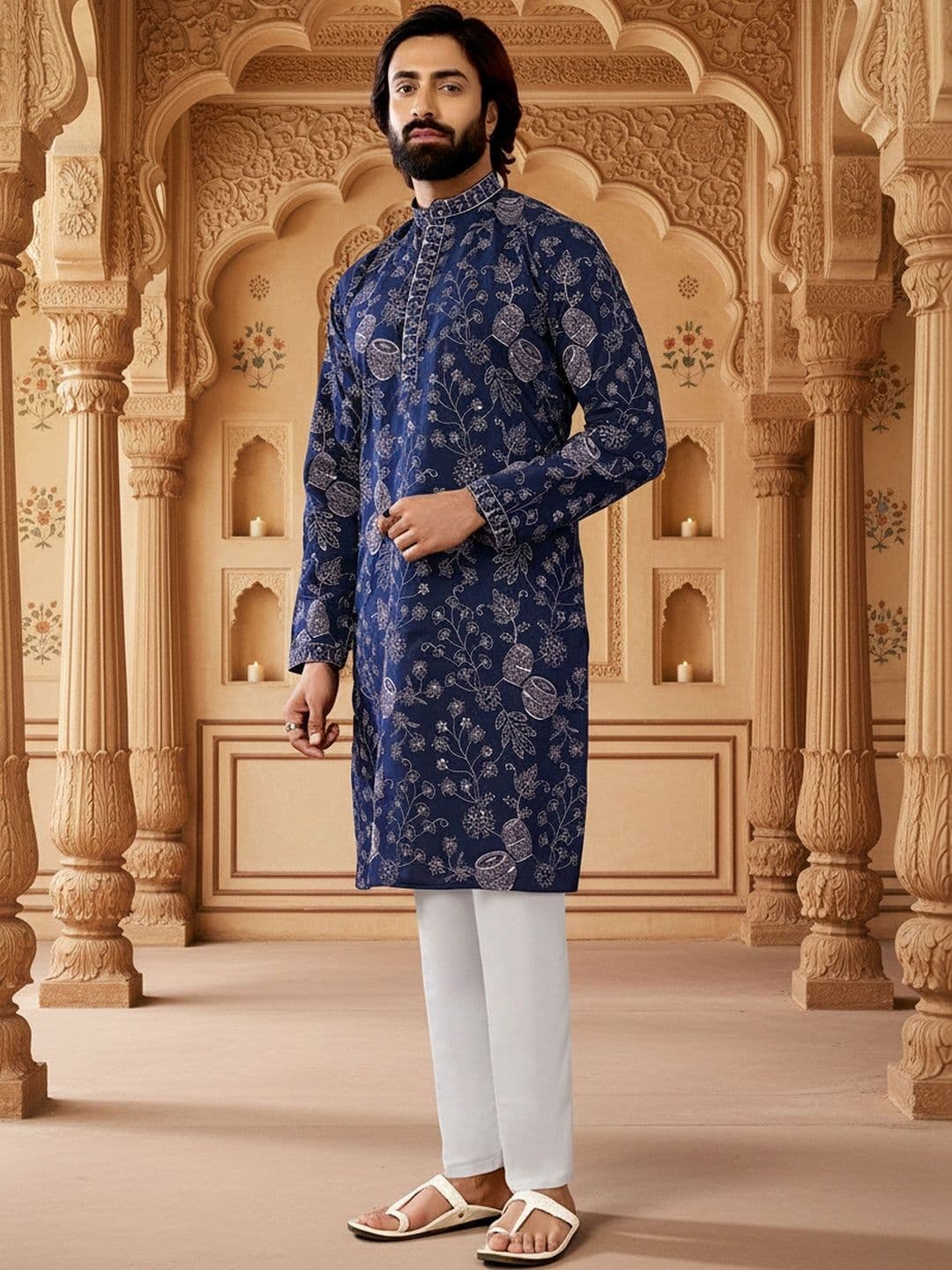 RANGRAAG Men Floral Printed Thread Work Indie Prints Kurta thumbnail 3