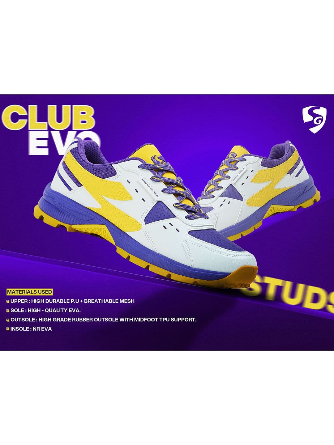 SG Club Evo Stud Shoes White-Purple-Yellow - Mesh Upper EVA Stable Support thumbnail 3