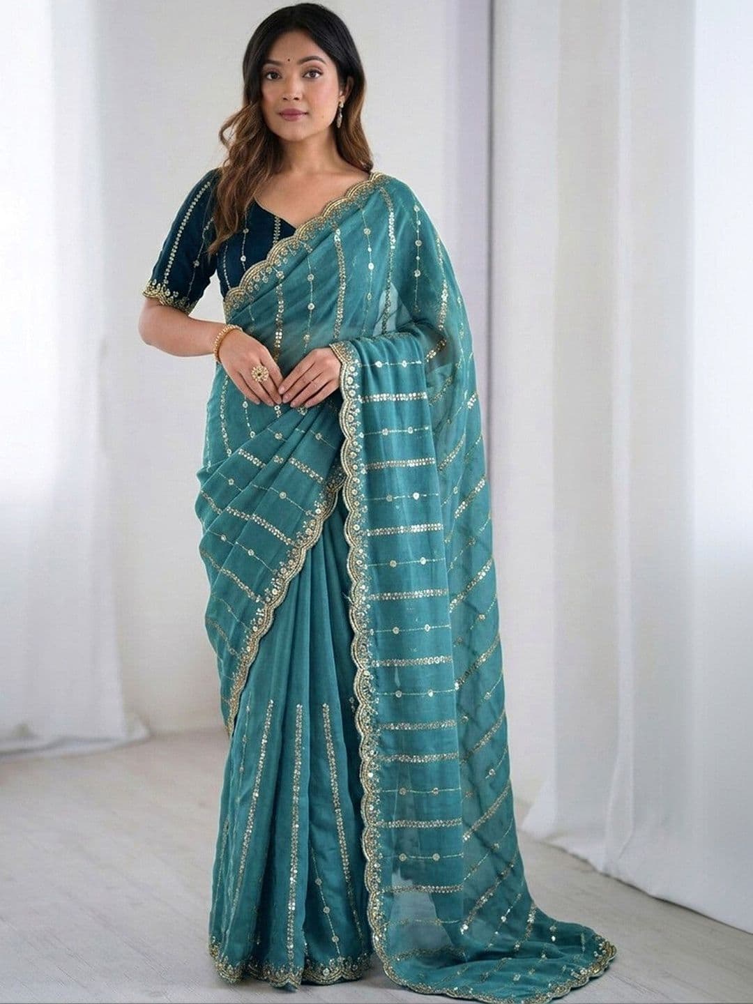 Satrani Embellished Sequinned Poly Georgette Heavy Work Saree With Blouse Piece thumbnail 2