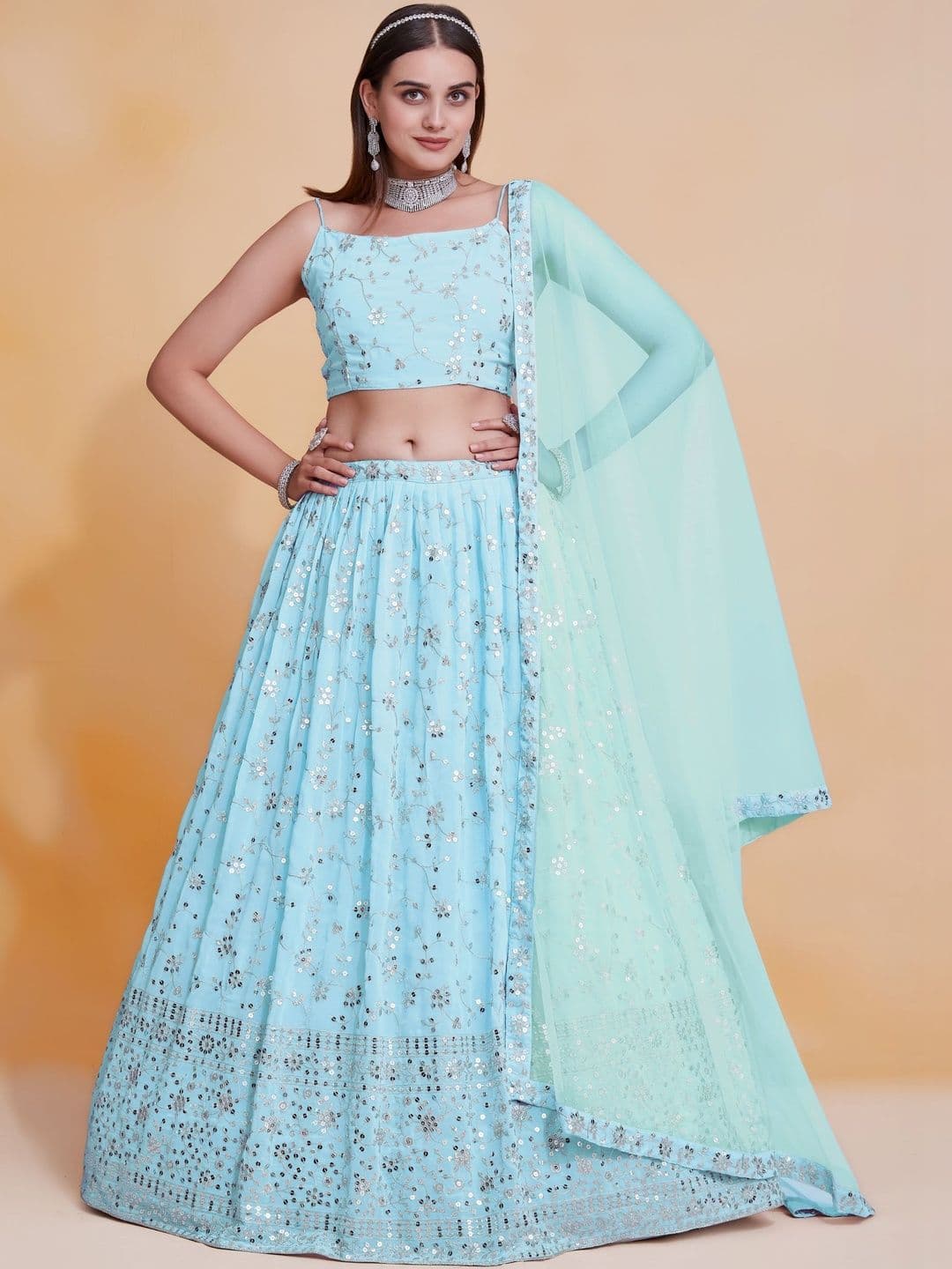 DREAM EXPORTER Women's Sky Blue Georgette Zari Sequence Embroidery Work Lehenga Choli - view 1