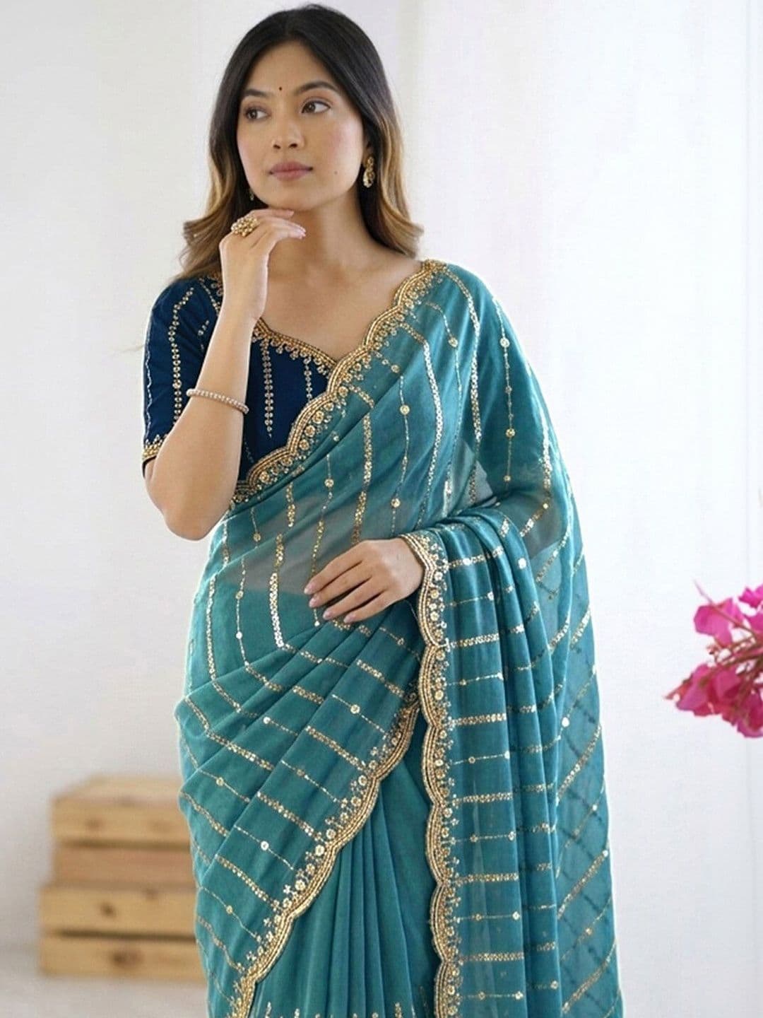 Satrani Embellished Sequinned Poly Georgette Heavy Work Saree With Blouse Piece thumbnail 7