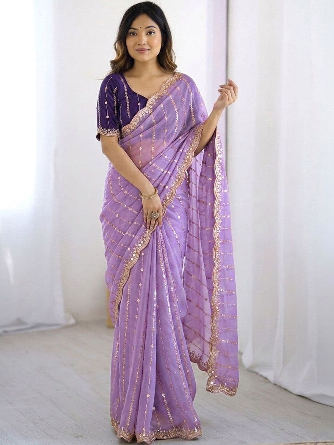 Satrani Embellished Sequinned Saree With Designer Blouse - view 1