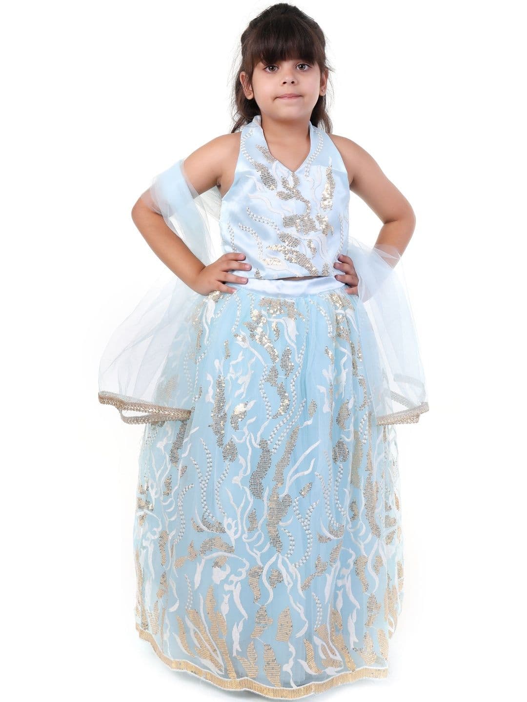 Huggle Boo Girls Blue Gold Embroidered Lehenga Choli thumbnail 3