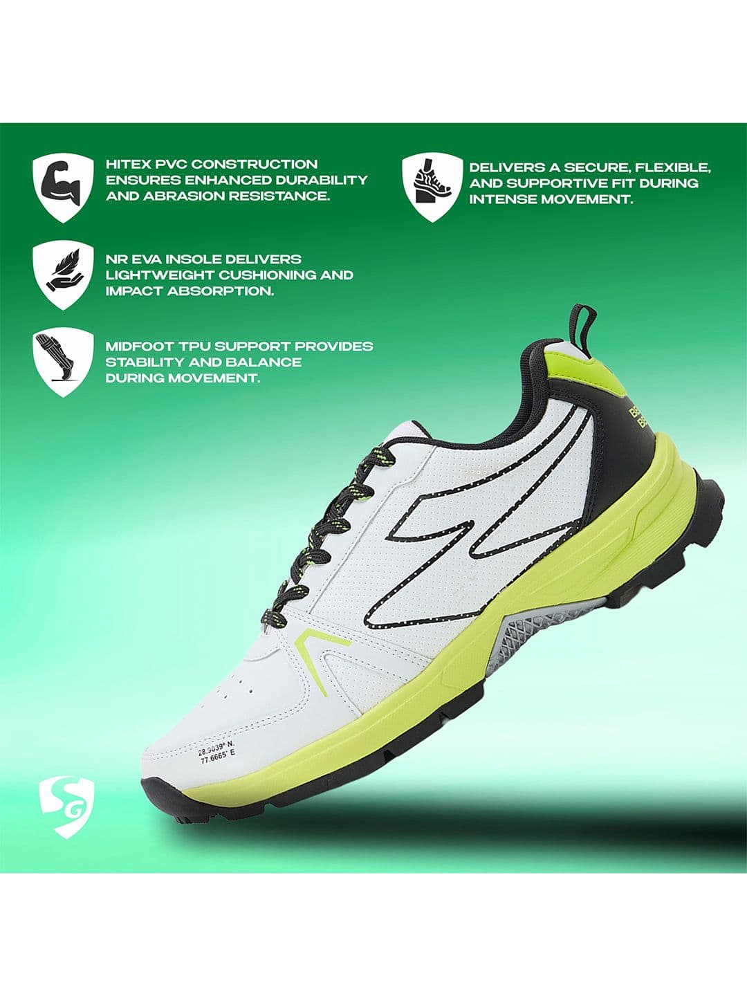 SG Scorer Edge Shoes White-Volt Green - Supportive Cushioned Cricket Shoes thumbnail 6