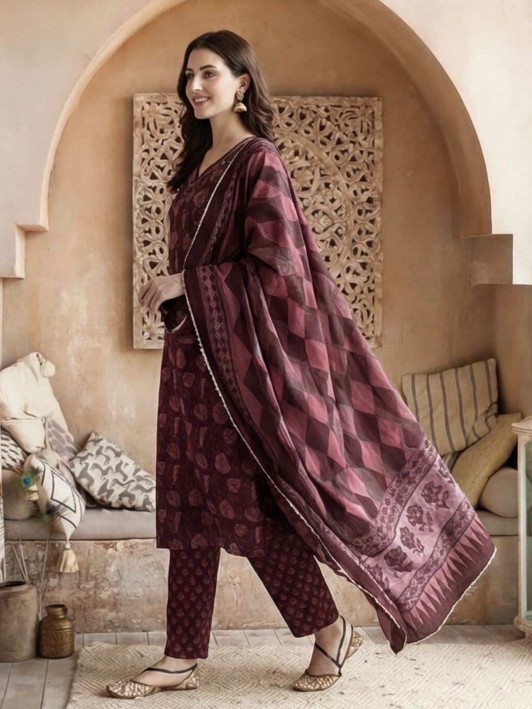 Anouk Women Floral Printed Regular Pure Cotton Kurta with Palazzos & With Dupatta thumbnail 5
