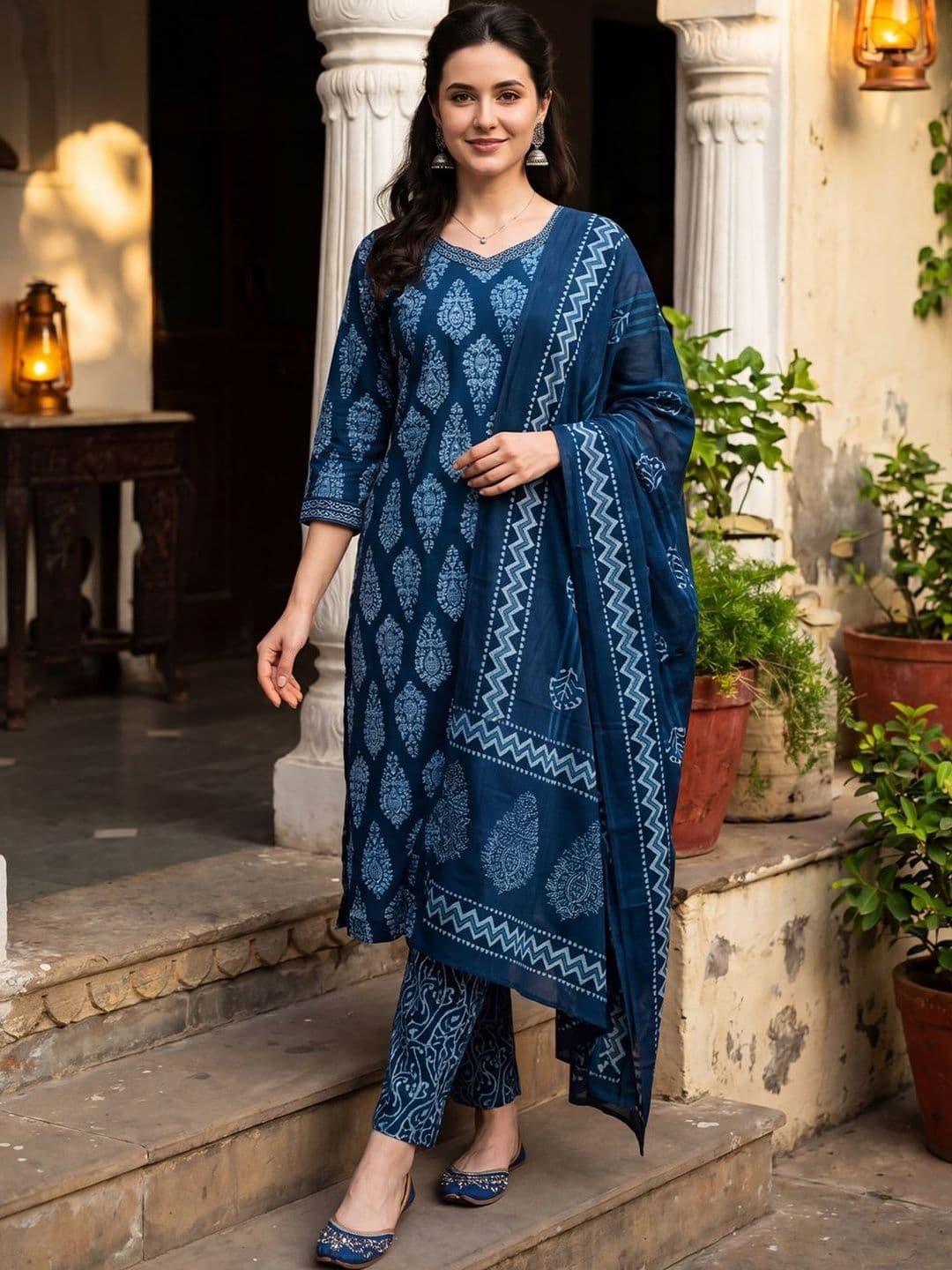Indo Era Women Ethnic Motifs Printed Regular Pure Cotton Kurta with Trousers & With Dupatta - view 1
