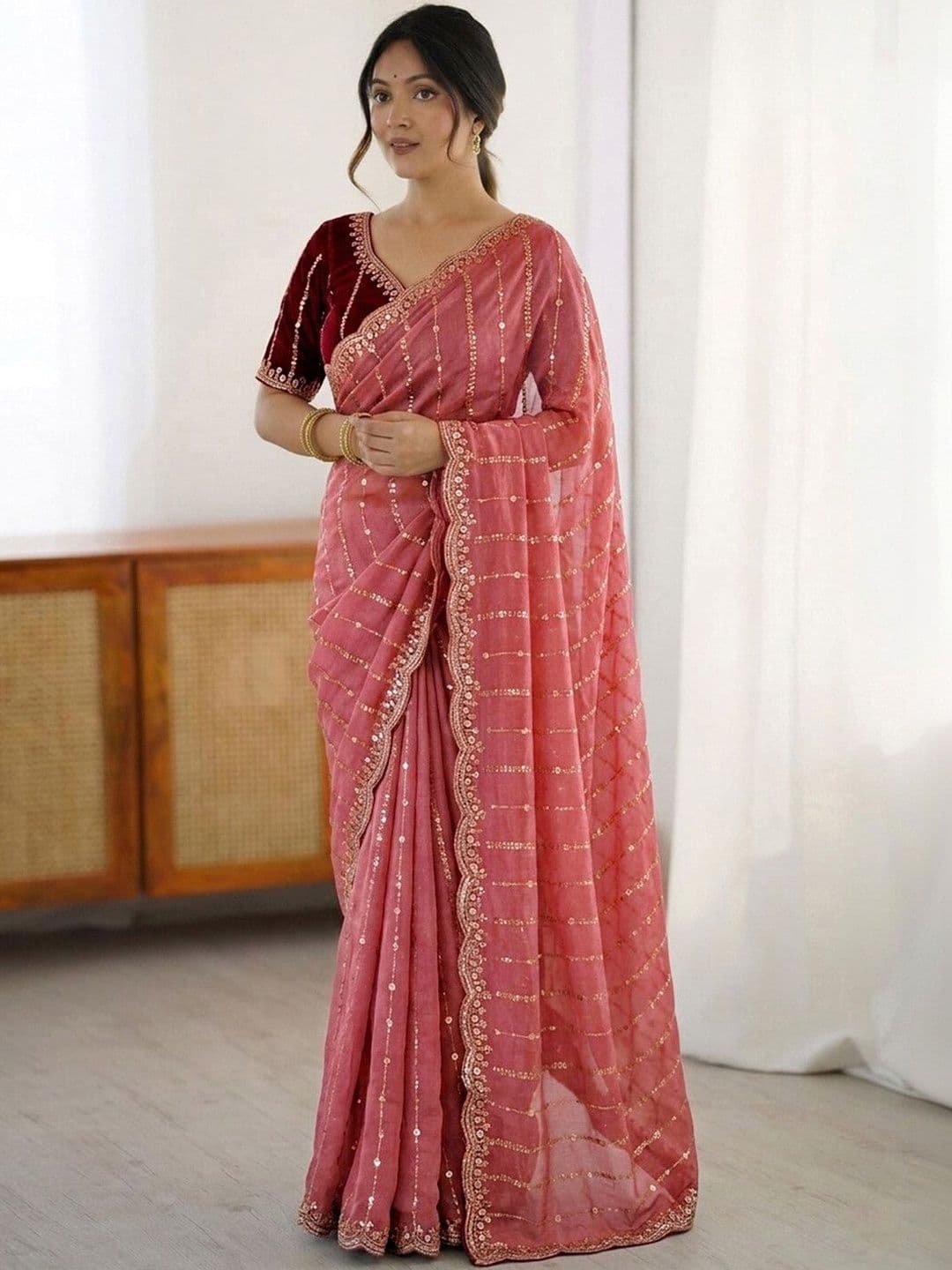 Satrani Embellished Sequinned Poly Georgette Heavy Work Saree - view 1