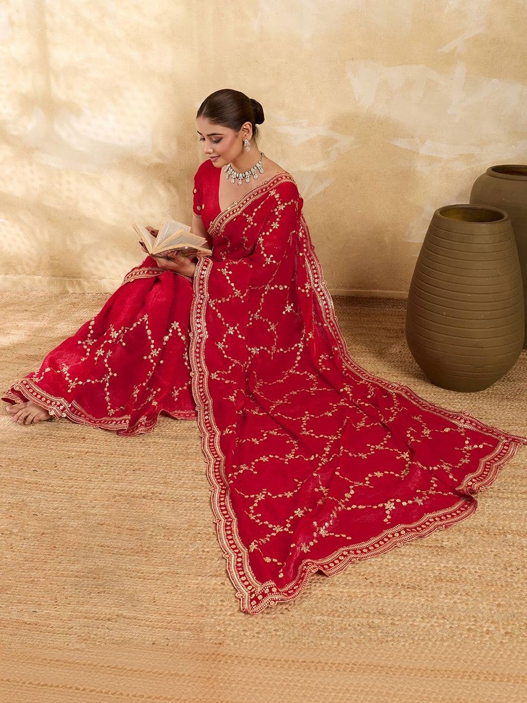 Ambuja International Embellished Zari Organza Heavy Work Saree thumbnail 3