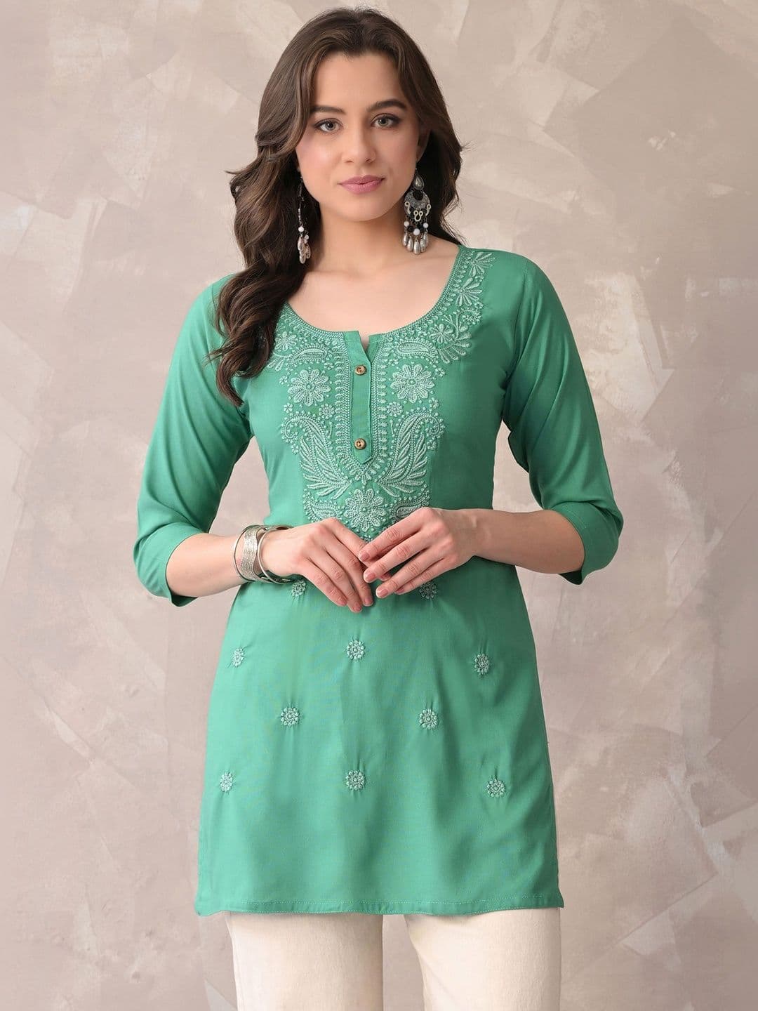 ROSHNI Women Floral Embroidered Round Neck Thread Work Cotton Regular Kurti - view 1