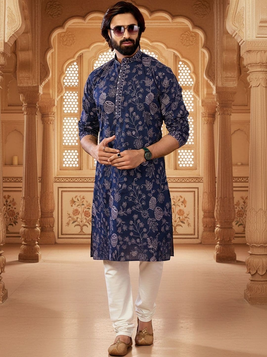 RANGRAAG Men Floral Printed Thread Work Indie Prints Kurta thumbnail 2