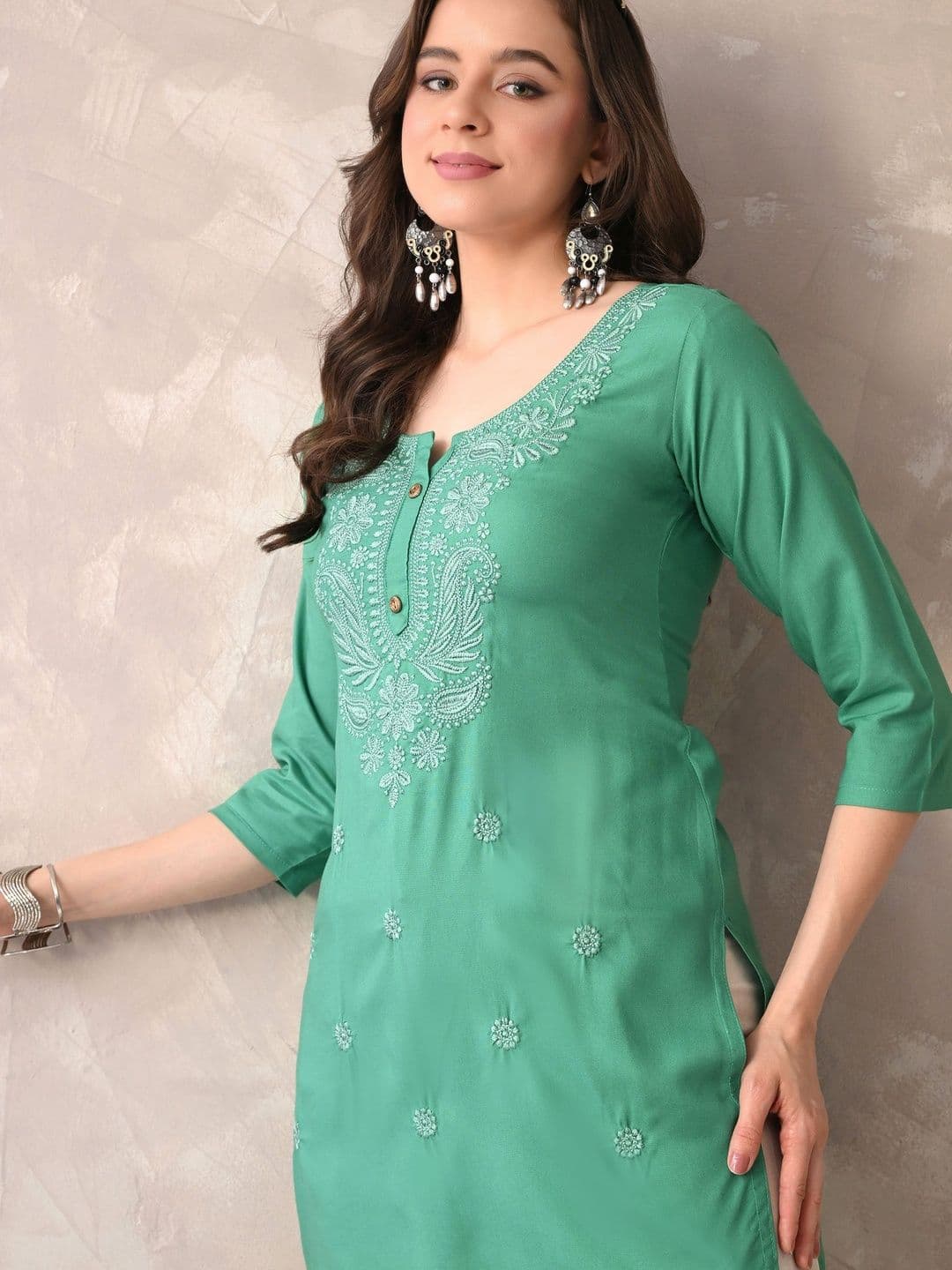 ROSHNI Women Floral Embroidered Round Neck Thread Work Cotton Regular Kurti thumbnail 7