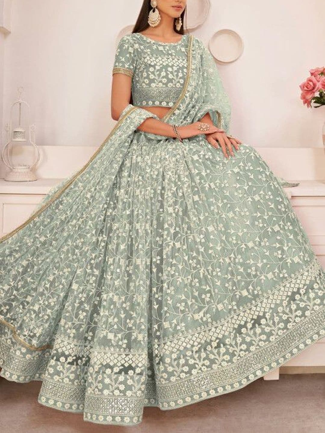 DREAM EXPORTER Women's Pista Green Zari Embroidery Work Lehenga Choli thumbnail 4