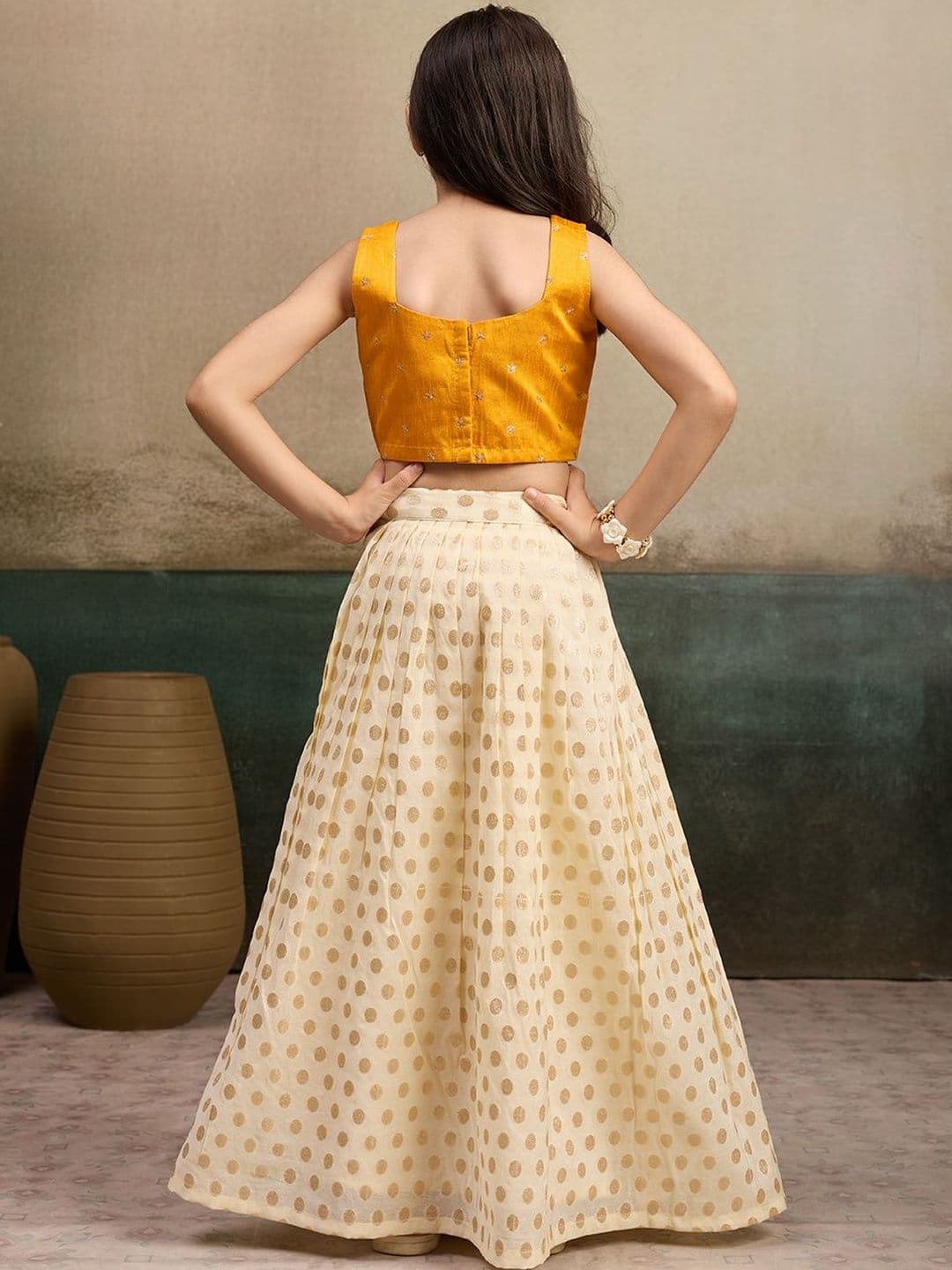 KALINI Girls Embroidered Thread Work Foil Print Ready to Wear Lehenga & thumbnail 2