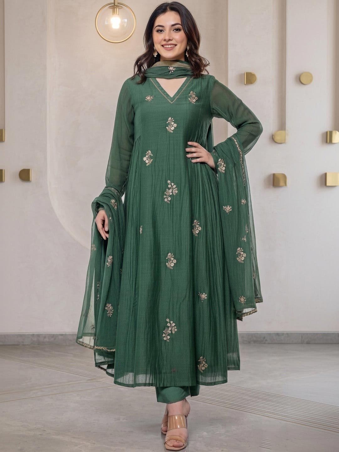 Keitra Ethnic Motifs Embroidered Tiered Thread Work Kurta with Trousers & With Dupatta - view 1