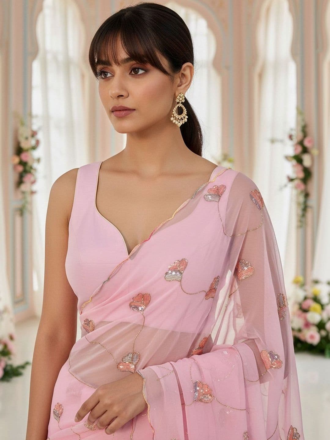 FABLAND Floral Sequinned Poly Georgette Saree thumbnail 4