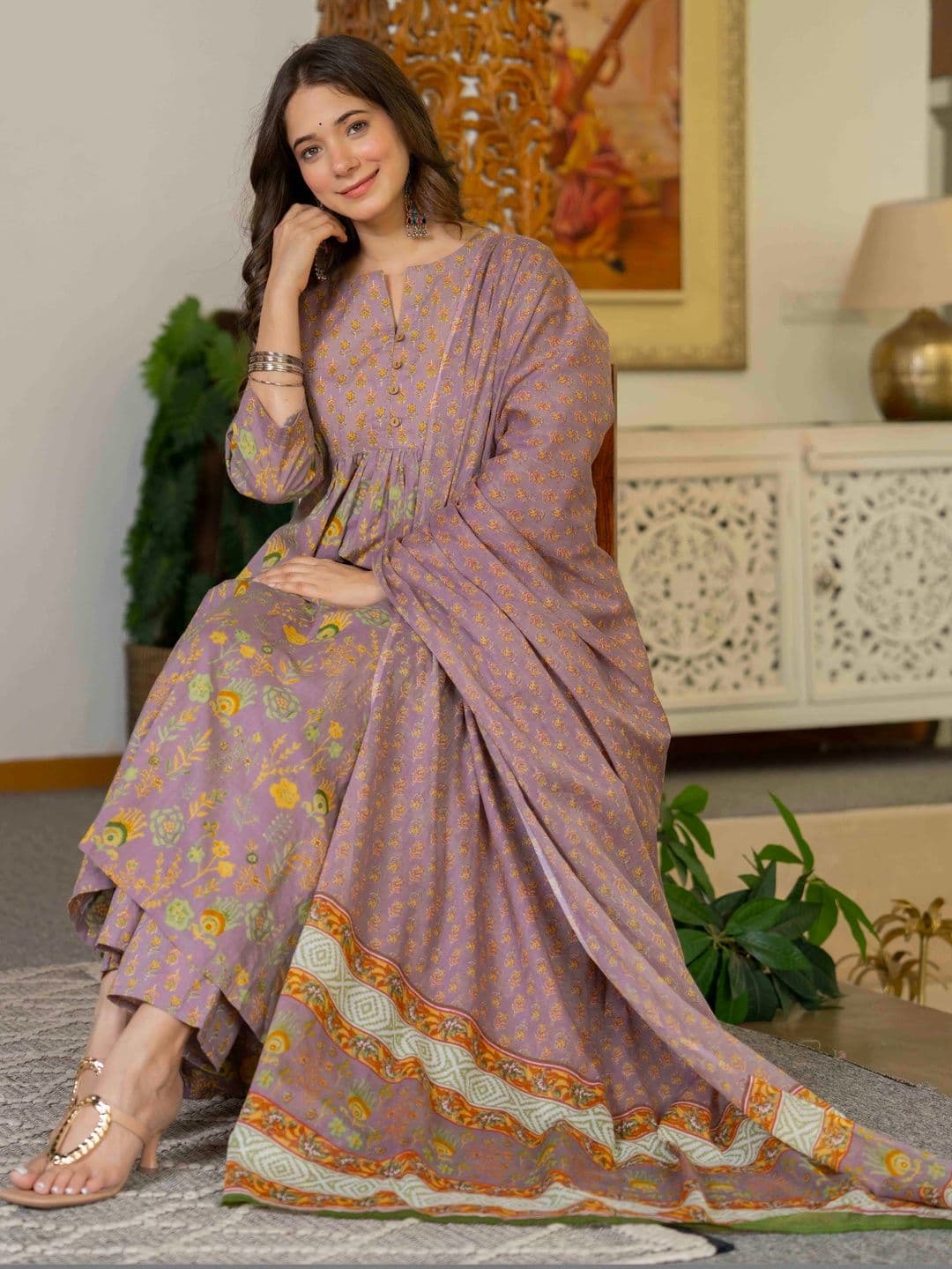 KALINI Women Ethnic Motifs Printed Empire Pure Cotton Kurta with Trousers & With Dupatta thumbnail 4