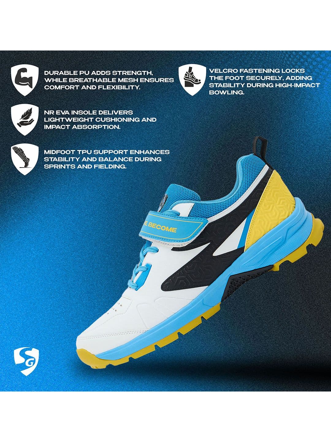 SG Century Pace Bowling Shoes White-Blue-Yellow - Stable Stud EVA Cushion thumbnail 5