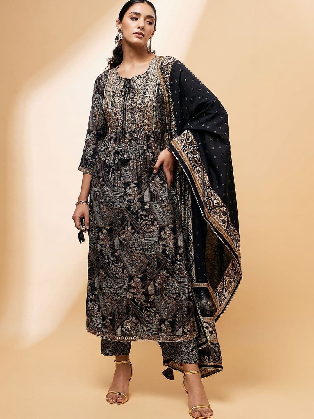 all about you Women Ethnic Motifs Printed Empire Thread Work Chanderi Silk Kurta with Trousers & With Dupatta - view 1