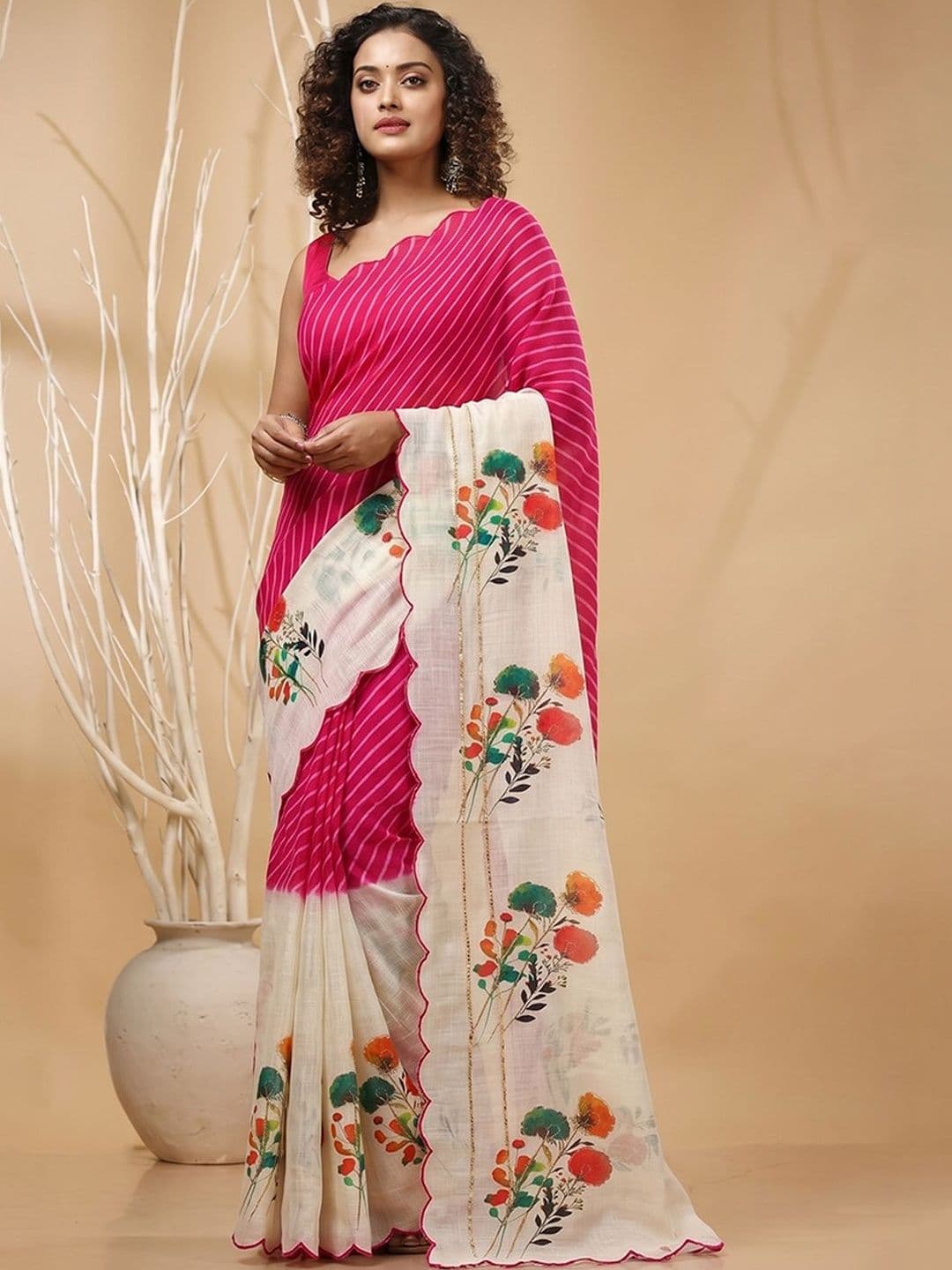 Peachmode Floral Zari Pure Linen Saree - view 1