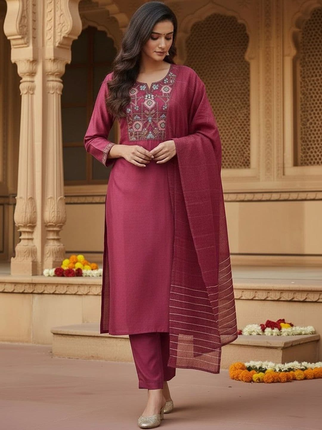 KALINI Women Ethnic Motifs Embroidered Regular Thread Work Kurta with Trousers & With Dupatta thumbnail 2