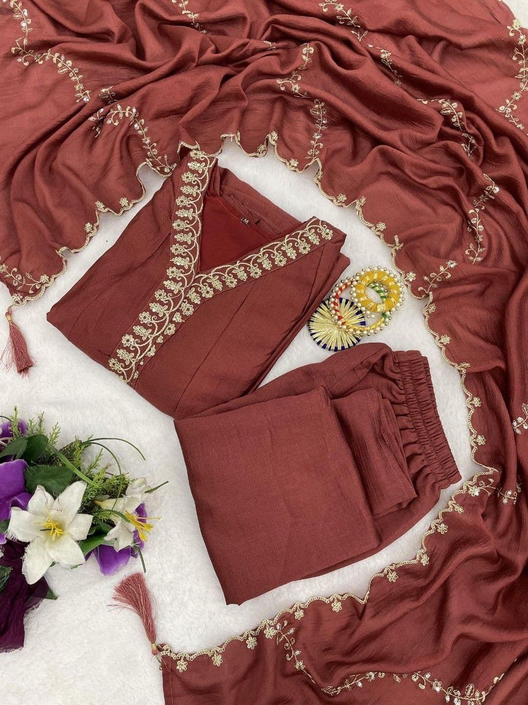 Kanerindia Women Ethnic Motifs Embroidered Regular Thread Work Kurta with Trousers & With Dupatta thumbnail 7